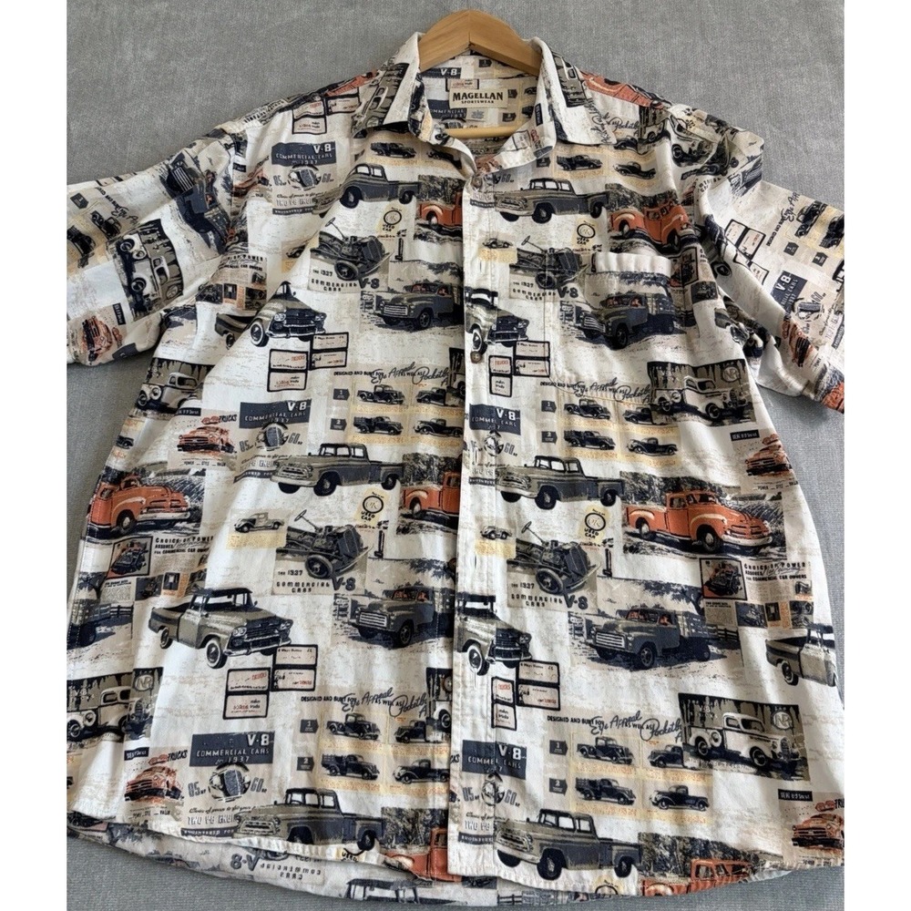 Magellan Men's Classic Car Button Up Shirt Size L White Cotton Short Sleeve